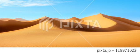 Sand dunes. Desert landscape with beautiful sand dunes and blue sky 118971022