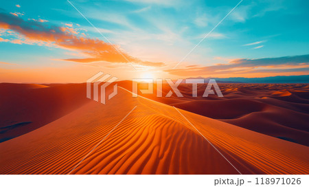 Sand dunes. Desert landscape with beautiful sand dunes and blue sky 118971026