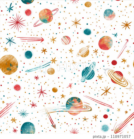 Cute seamless pattern with planets and stars for kids. Cosmic elements pattern Cute seamless pattern with planets and stars for kids. Cosmic elements pattern 118971057