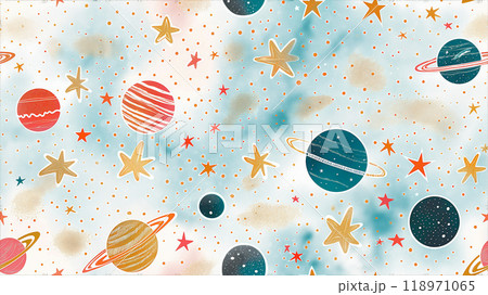 Cute seamless pattern with planets and stars for kids. Cosmic elements pattern 118971065