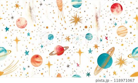 Cute seamless pattern with planets and stars for kids. Cosmic elements pattern Cute seamless pattern with planets and stars for kids. Cosmic elements pattern 118971067