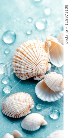 White seashells on a pastel blue background. Summer holiday and vacation concept. Seashell 118971109