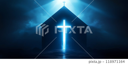 Religious background. A Churche with cross and light coming from behind. Christianity concept 118971164