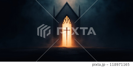 Religious background. A Churche with cross and light coming from behind. Christianity concept Religious background. A Churche with cross and light coming from behind. Christianity concept 118971165