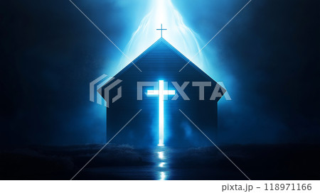 Religious background. A Churche with cross and light coming from behind. Christianity concept Religious background. A Churche with cross and light coming from behind. Christianity concept 118971166