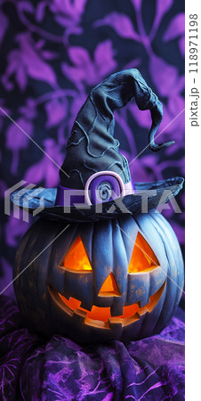Halloween pumpkin wearing a witch hat. Halloween banner with copy space Halloween pumpkin wearing a witch hat. Halloween banner with copy space 118971198