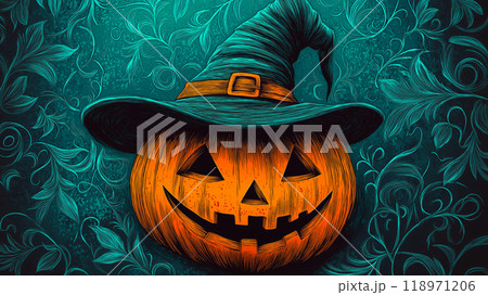 Halloween pumpkin wearing a witch hat. Halloween banner with copy space Halloween pumpkin wearing a witch hat. Halloween banner with copy space 118971206