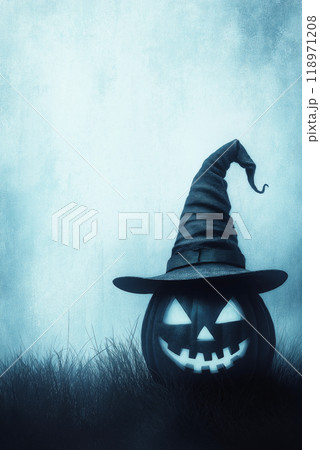 Halloween pumpkin wearing a witch hat. Halloween banner with copy space Halloween pumpkin wearing a witch hat. Halloween banner with copy space 118971208