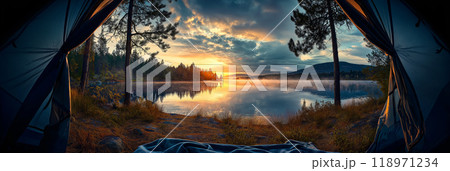 View of the wilderness from a tent. Adventure hiking and camping in the wild nature View of the wilderness from a tent. Adventure hiking and camping in the wild nature 118971234
