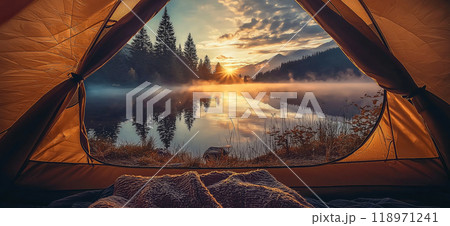 View of the wilderness from a tent. Adventure hiking and camping in the wild nature 118971241