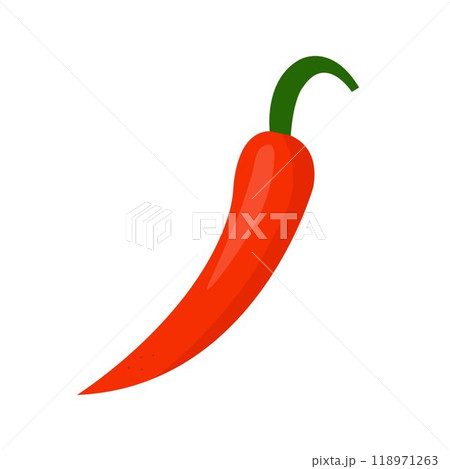 Flat isolated illustration of a red chili pepper with curved green stem. 118971263