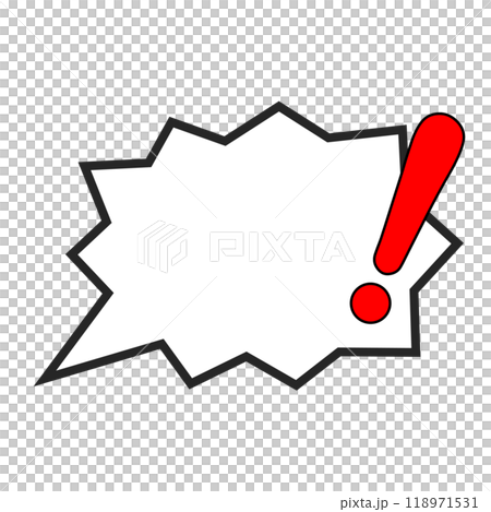 A zigzag-shaped speech bubble with a solid red exclamation mark A zigzag-shaped speech bubble with a solid red exclamation mark 118971531