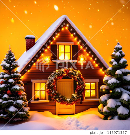 Cozy Snowy House with Christmas Lights Cozy Snowy House with Christmas Lights 118971537