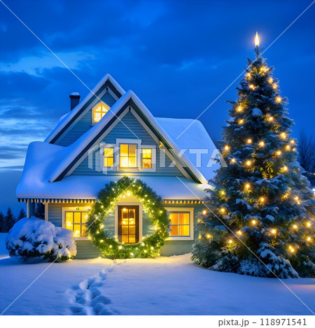 Cozy Snowy House with Christmas Lights Cozy Snowy House with Christmas Lights 118971541