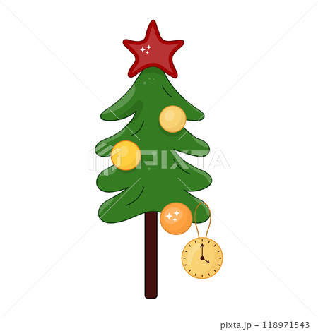 Doodle isolated Christmas tree green Vector New Year fir tree, Balls, star, clock, chimes. Doodle isolated Christmas tree green Vector New Year fir tree, Balls, star, clock, chimes. 118971543