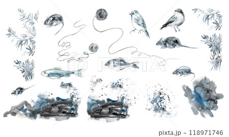 Set of bird, mouse, fish, olive tree branches, water splashes and droplets, sea waves in blue, black, grey colors. Floating fish, singing birds, hiding mice in handdrawn watercolor. It will be use as 118971746