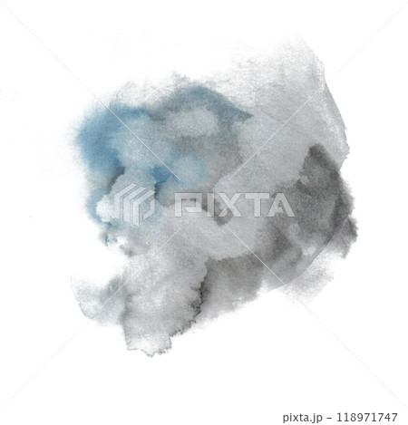 Set of water splashes and droplets, sea waves in blue, light blue, grey colors. Watercolor fills in handdrawn painted. It will be use as transparent cloud, backgrounds of water stains in cat series 118971747