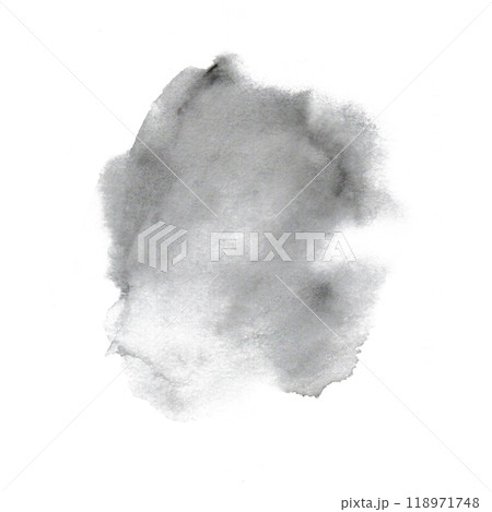 Water splashe, droplets, sea wave in black, grey colors. Watercolor fill in handdrawn painted. It will be use as transparent cloud, background of water stains in cat series. This element can be used 118971748