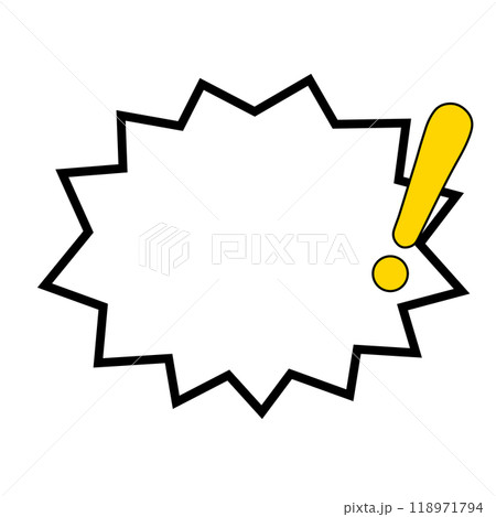 黄色いベタ塗りのビックリマーク付きジグザクPOP型の吹き出し 黄色いベタ塗りのビックリマーク付きジグザクPOP型の吹き出し 118971794