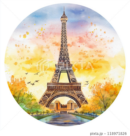 Eiffel tower circle watercolor painting. Eiffel tower Eiffel tower circle watercolor painting. Eiffel tower 118971826