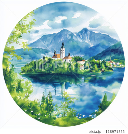 Lake Bled circle watercolor painting. Lake Bled 118971833
