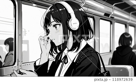 電車の中で好きな音楽をヘッドフォンで聞く女子学生 118972639