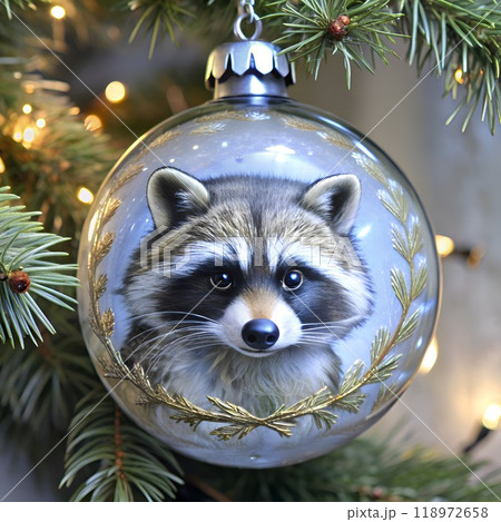 Christmas tree toy hanging on a branch - raccoon face illustration Christmas tree toy hanging on a branch - raccoon face illustration 118972658