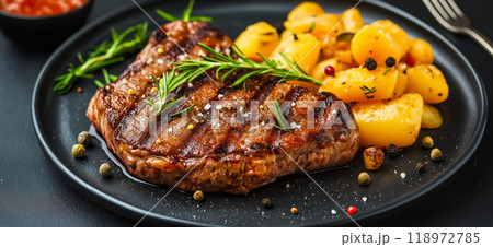 Steaks. Delicious steak served with pasta and potatoes Steaks. Delicious steak served with pasta and potatoes 118972785
