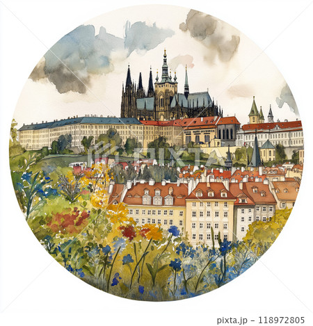 Prague castle circle watercolor painting. Prague castle 118972805