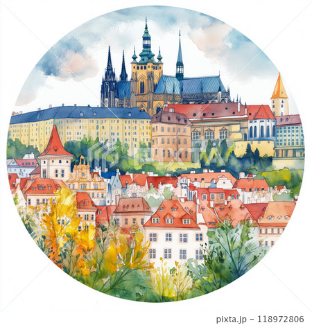 Prague castle circle watercolor painting. Prague castle Prague castle circle watercolor painting. Prague castle 118972806
