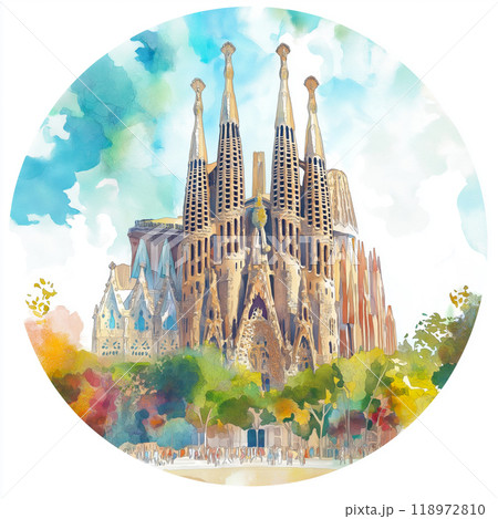 Sagrada Familia circle watercolor painting. Sagrada Familia 118972810