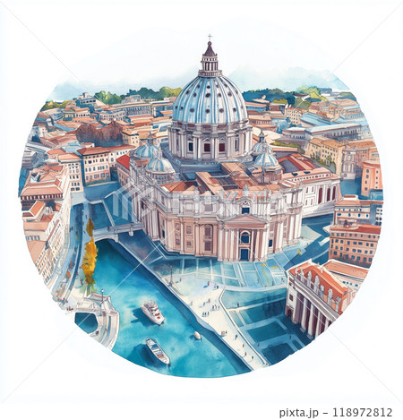 Saint Peters Basilica circle watercolor painting. St. Peter's Basilica Saint Peters Basilica circle watercolor painting. St. Peter's Basilica 118972812