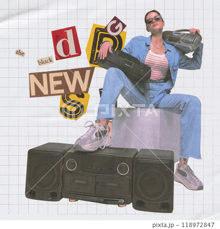 Woman in denim sitting with boomboxes. 90s aesthetics. Retro typography and bold colors bring back vibrant vibe of 90s pop culture. Contemporary art collage. Woman in denim sitting with boomboxes. 90s aesthetics. Retro typography and bold colors bring back vibrant vibe of 90s pop culture. Contemporary art collage. 118972847