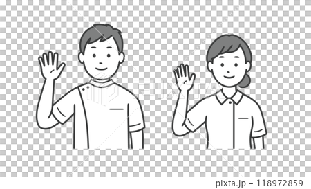 Upper body illustration of a male and female nurse raising one hand to greet 118972859