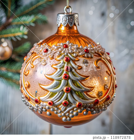 Christmas tree toy hanging on a branch - Christmas tree illustration 118972878