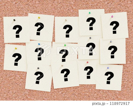 Bunch of yellow sticky notes with black question mark in the center, pinned to a corkboard Bunch of yellow sticky notes with black question mark in the center, pinned to a corkboard 118972917