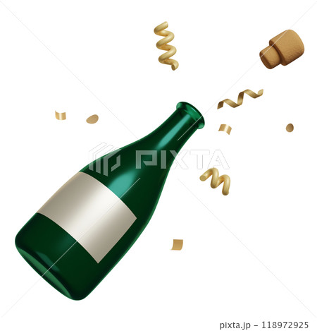 Open champagne bottle and Confetti 3D graphics 118972925