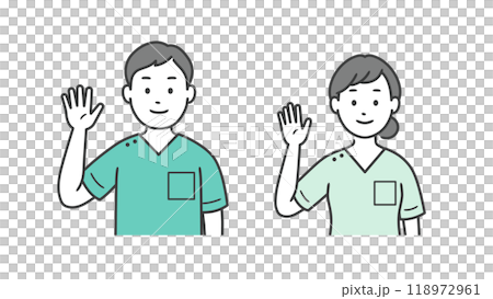 一位男性和女性牙醫舉起一隻手迎接的上半身插圖 118972961