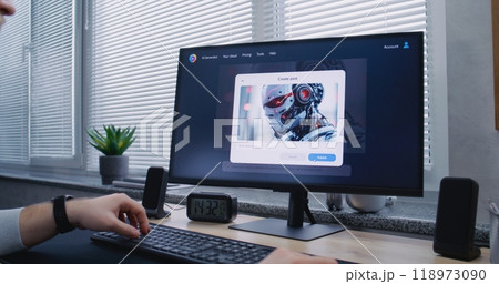 Adult man types prompt in artificial intelligence chatbot on PC. Adult man types prompt in artificial intelligence chatbot on PC. 118973090