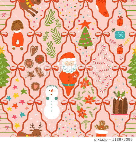 Pink Christmas bows and ribbons. Cute Christmas damask vector seamless pattern, patchwork wallpaper 118973099