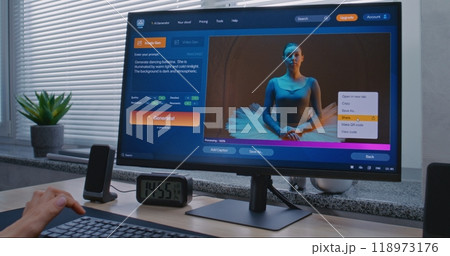Adult woman enters prompt in AI chatbot on personal computer Adult woman enters prompt in AI chatbot on personal computer 118973176