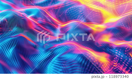 Futuristic gradient hologram with dynamic wave patterns, sharp lines and vibrant colors, suitable for tech magazines. Gradient hologram dynamic wave patterns Futuristic gradient hologram with dynamic wave patterns, sharp lines and vibrant colors, suitable for tech magazines. Gradient hologram dynamic wave patterns 118973340