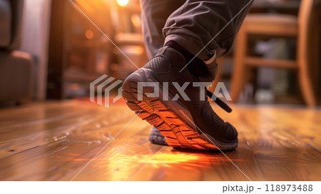 Foot - A close-up view of a person walking indoors, focusing on the sole of their shoe 118973488