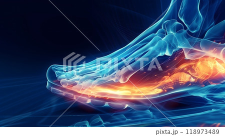 Foot - An anatomical illustration of a foot highlighting the bones and tissues 118973489