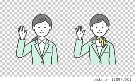 片手を上げて挨拶をする女性ビジネスマンの上半身イラスト 118973501