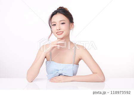 Beautiful young asian woman with clean fresh skin on white background, Face care, Facial treatment, Cosmetology, beauty and spa, Asian women portrait. 118973592