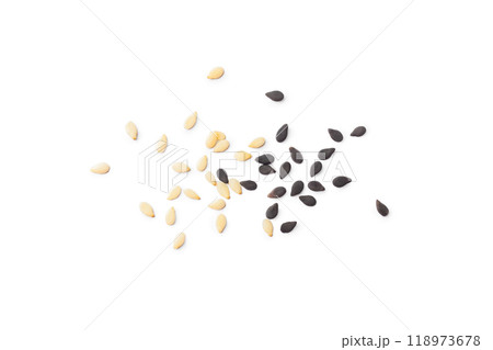 White and black sesame seeds isolated on white background, closeup White and black sesame seeds isolated on white background, closeup 118973678