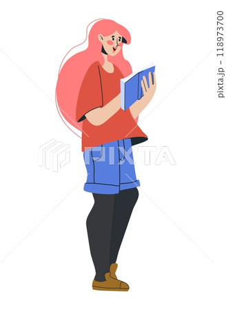 Girl reading book. Woman hold textbook, modern standing teen character. Education concept. Interesting literature. Bookstore or library bookworm people. Vector cartoon flat style isolated illustration Girl reading book. Woman hold textbook, modern standing teen character. Education concept. Interesting literature. Bookstore or library bookworm people. Vector cartoon flat style isolated illustration 118973700