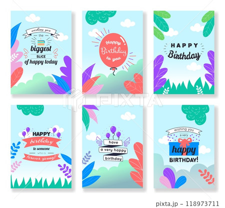 Happy birthday cards. Colorful botanical background, leaves and flowers. Congratulation phrases. Giftbox and balloon. Postcard design. Party invitation. Vector cartoon flat style isolated illustration 118973711