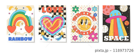 Retro psychedelic card. Alien landscape. Groovy rainbow. Space rocket. Smile flower. Crazy flower. Abstract happy Y2K art. Hippie sticker. Cute acid background. Vector garish 70s print posters set Retro psychedelic card. Alien landscape. Groovy rainbow. Space rocket. Smile flower. Crazy flower. Abstract happy Y2K art. Hippie sticker. Cute acid background. Vector garish 70s print posters set 118973726